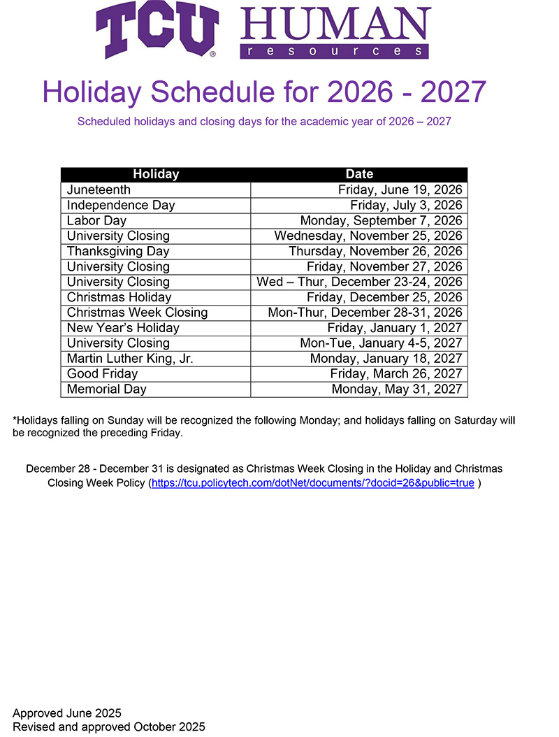 TCU Holiday Calendar